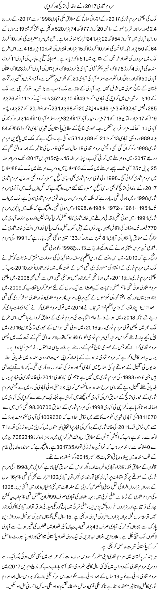 Mardum Shumari 2017 Ke Ibtidayi Nataij Aur Karachi